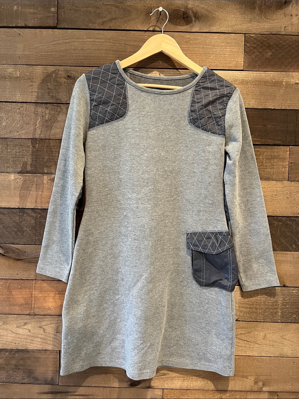 Title Nine Women's Grey Quilted Pocket Cotton Blend Long Sleeve Dress Sz Medium